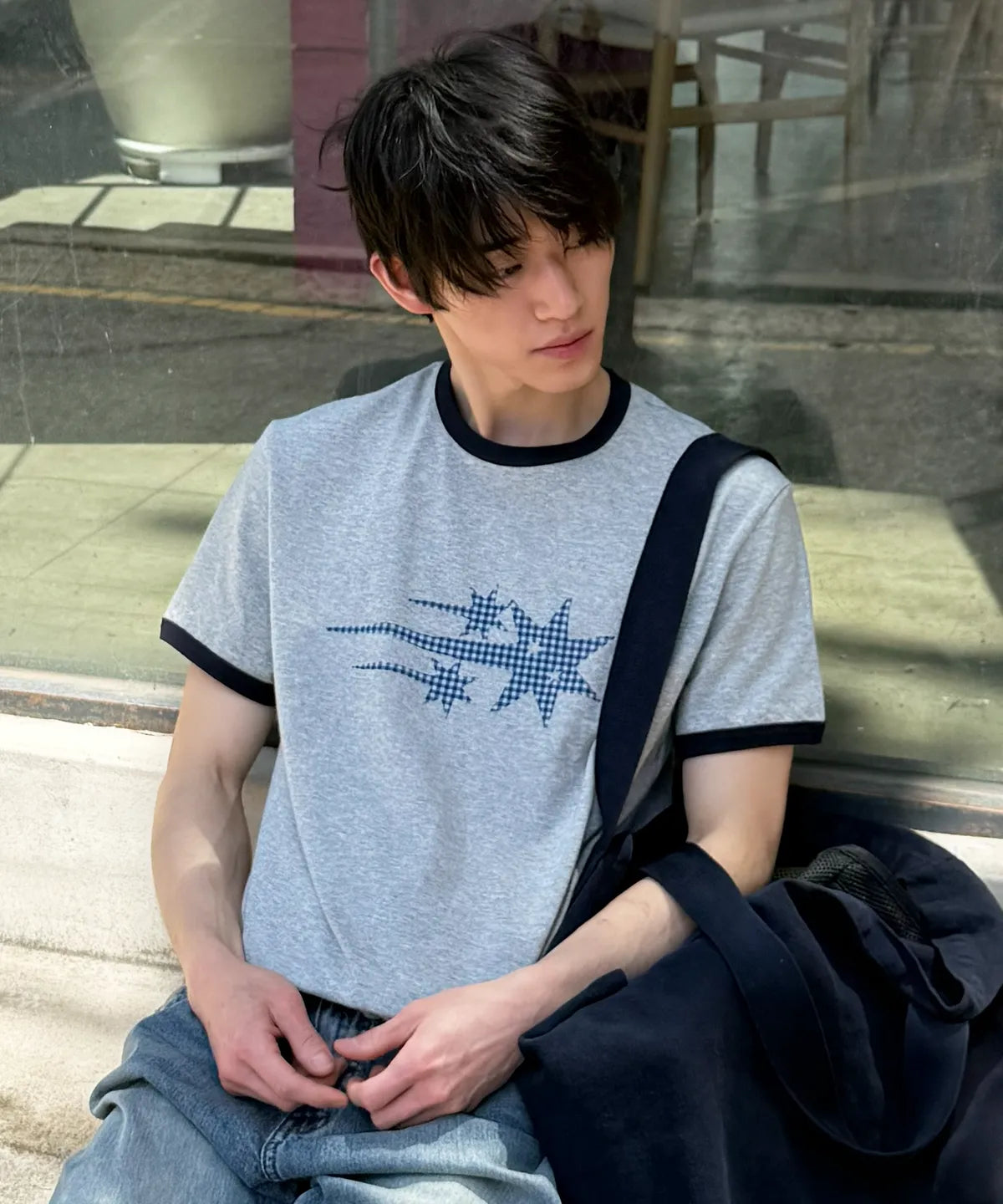 【niceghostclub】  check 3star basic ringer tee [ cream / yellow / charcoal / gray ]