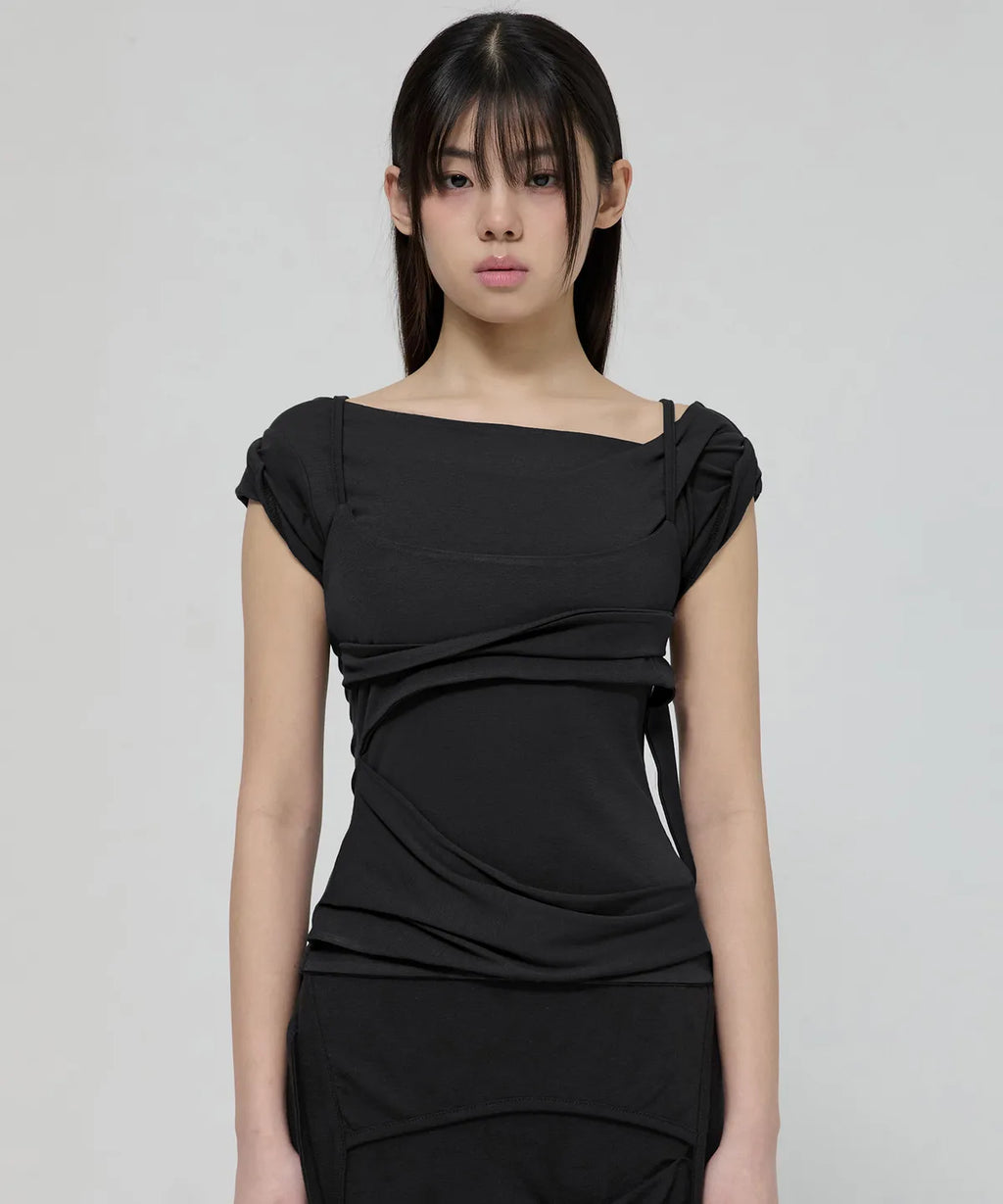 【Flare up】 Layered Bustier T-shirt [4 colors]
