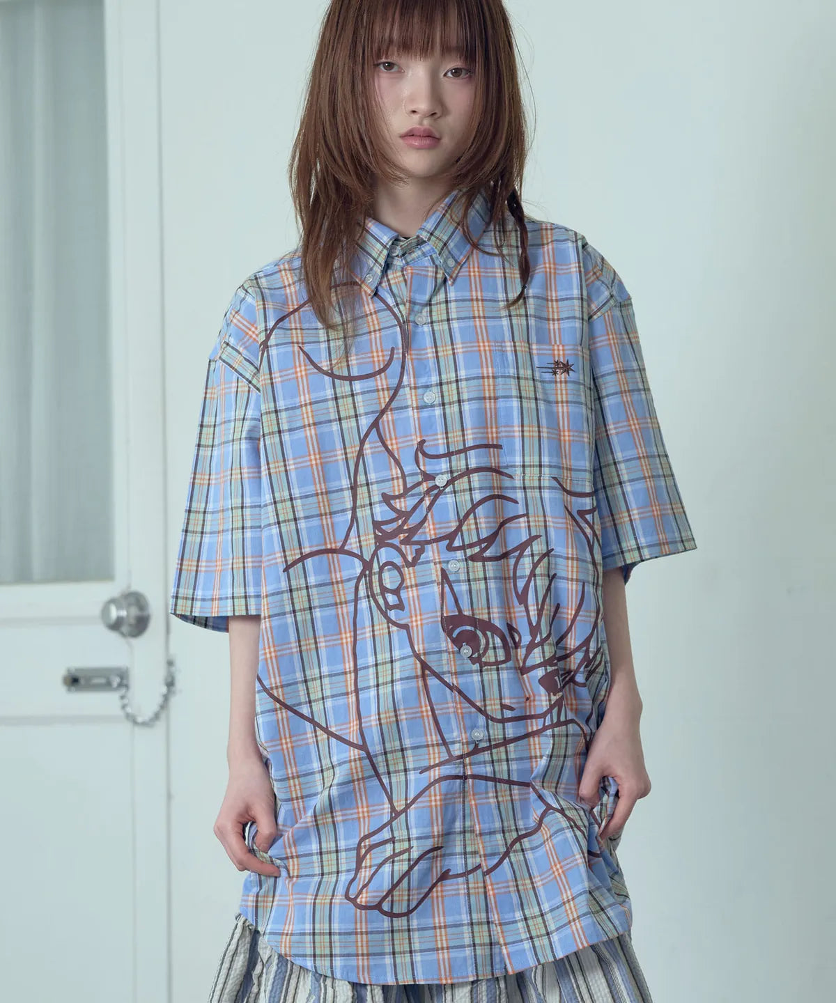 【niceghostclub】angel check big big half shirt [ blue / pink ]