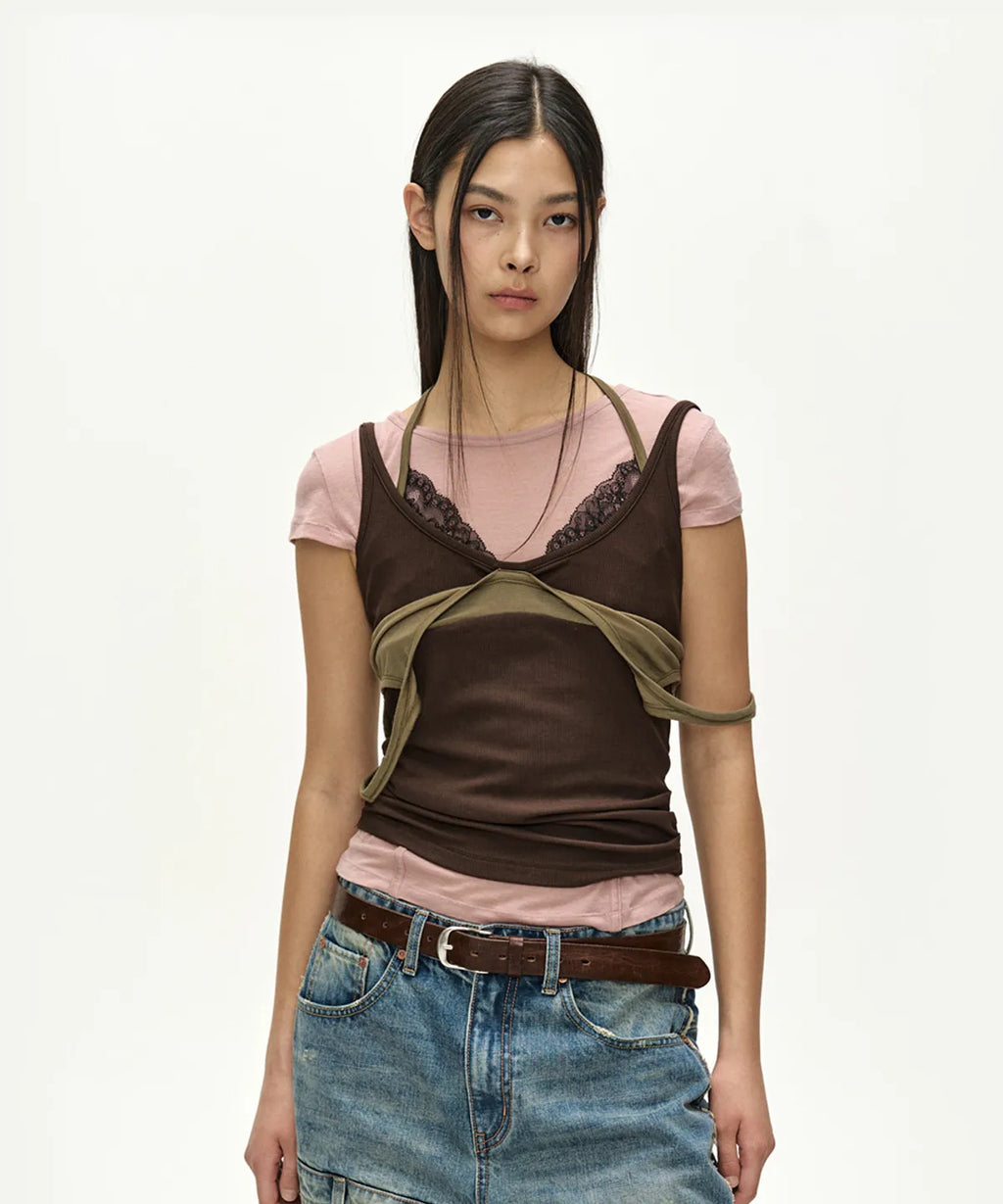 【ADSB】UPSIDE-DOWN LAYERED T-SHIRT [ PINK/BROWN / GREY/BLACK ]