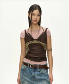 【ADSB】UPSIDE-DOWN LAYERED T-SHIRT [ PINK/BROWN / GREY/BLACK ]