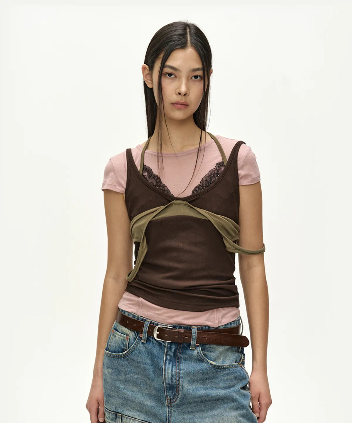 【ADSB】UPSIDE-DOWN LAYERED T-SHIRT [ PINK/BROWN / GREY/BLACK ]