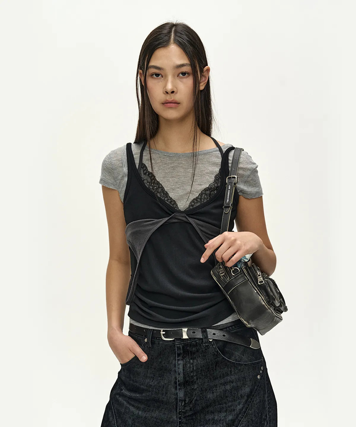 【ADSB】UPSIDE-DOWN LAYERED T-SHIRT [ PINK/BROWN / GREY/BLACK ]