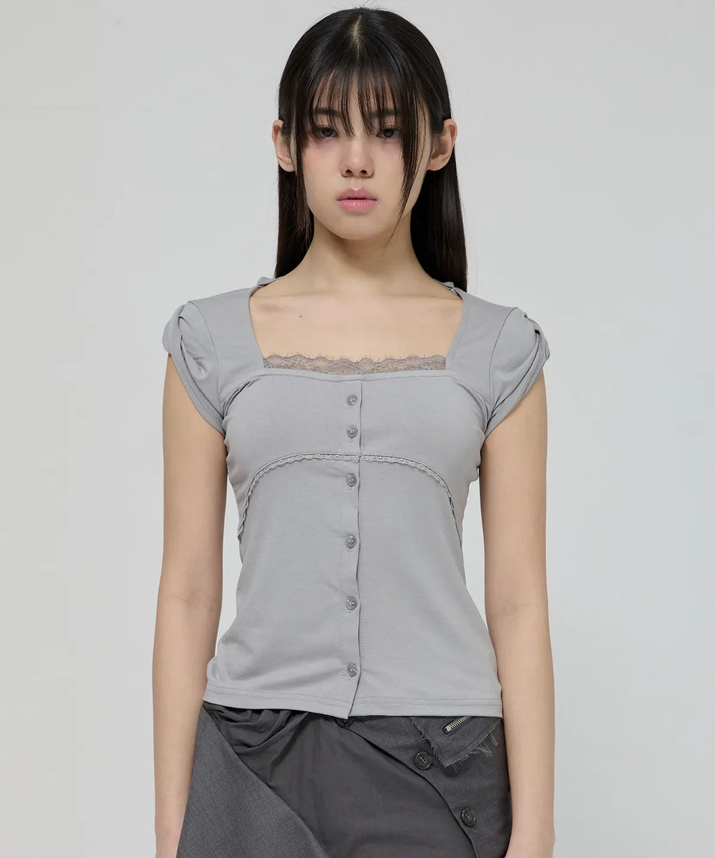 【Flare up】Lace Sleeve Top [Black / White / Gray]
