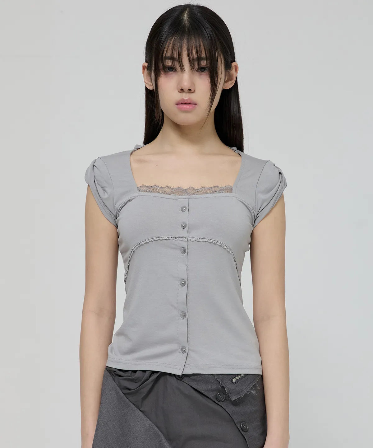 【Flare up】Lace Sleeve Top [Black / White / Gray]