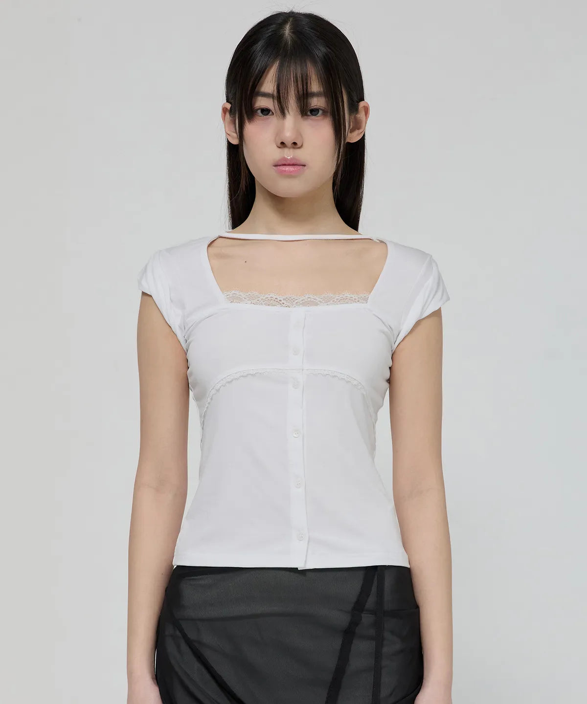 【Flare up】Lace Sleeve Top [Black / White / Gray]