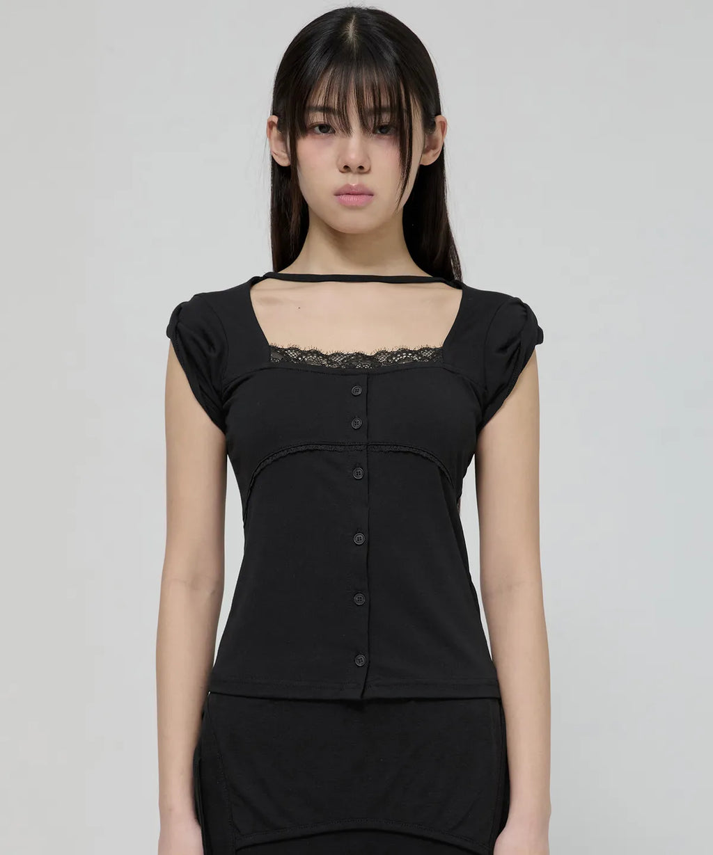 【Flare up】Lace Sleeve Top [Black / White / Gray]
