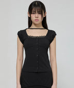 【Flare up】Lace Sleeve Top [Black / White / Gray]