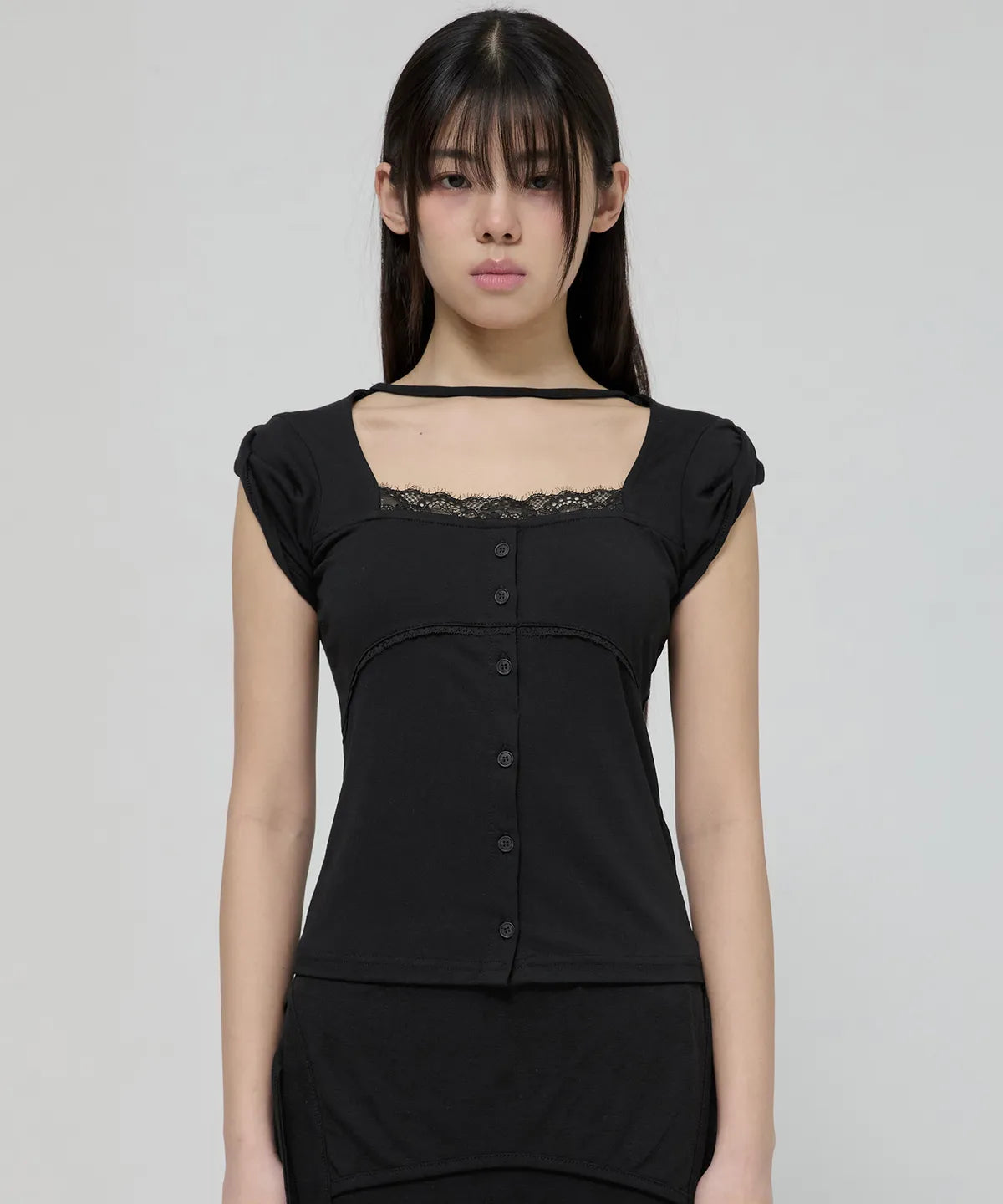 【Flare up】Lace Sleeve Top [Black / White / Gray]