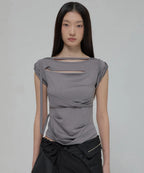 【Flare up】Asymmetrical Draped Strap Roll-Up T-Shirt [4 colors]