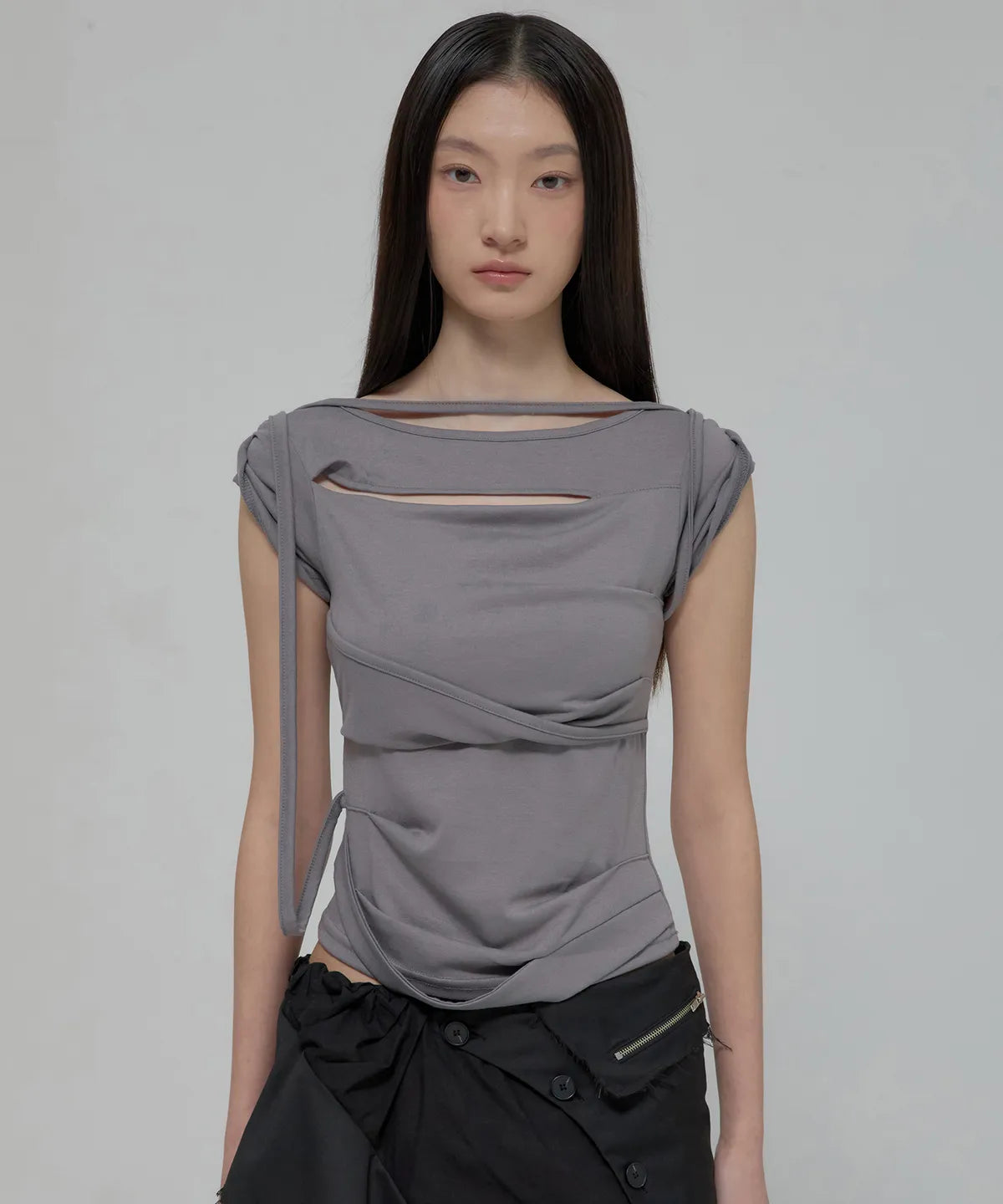 【Flare up】Asymmetrical Draped Strap Roll-Up T-Shirt [4 colors]