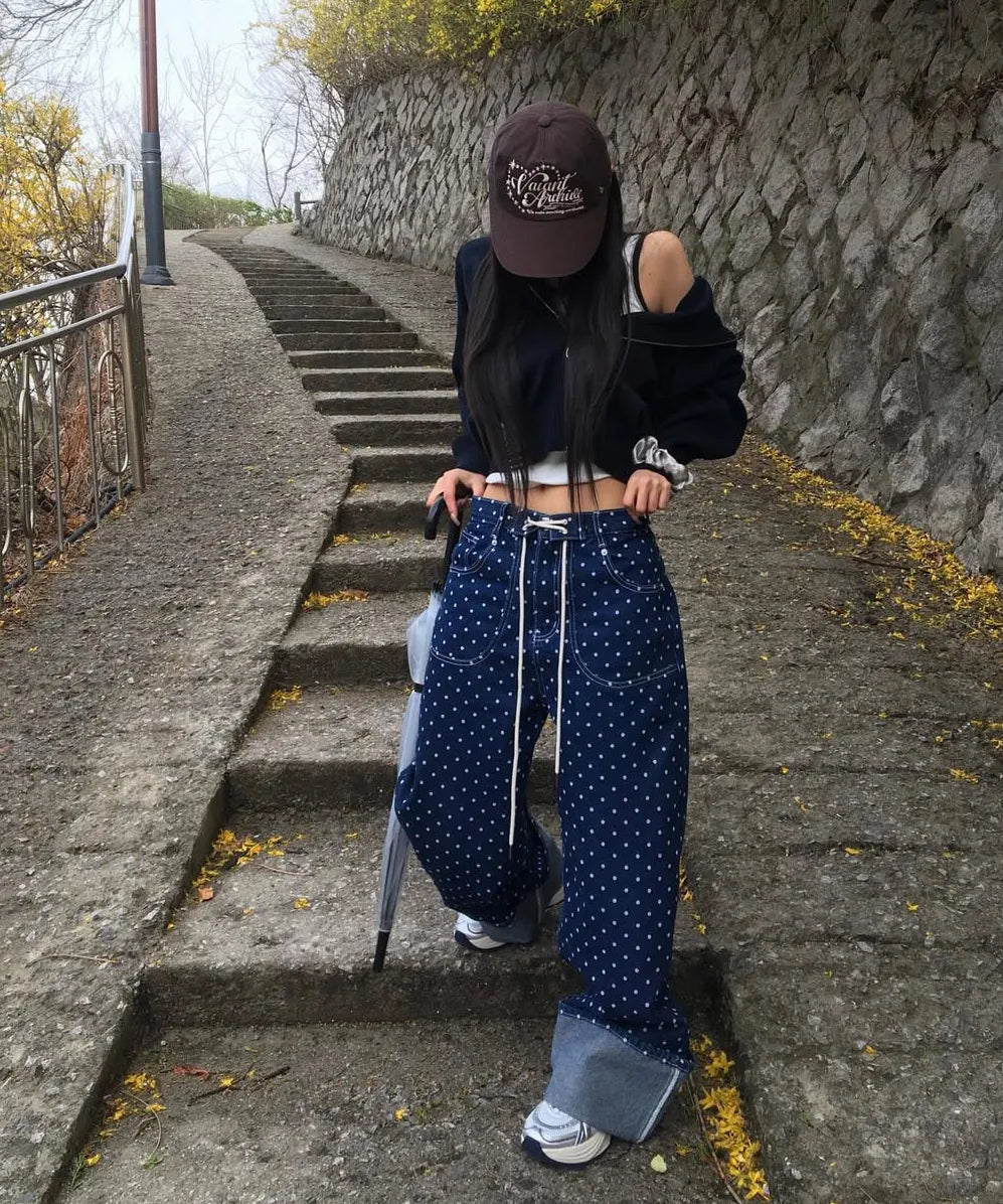 【Fancy Club】STRING DOT ROLL-UP PANTS [Black / Blue]