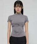 【Flare up】Asymmetrical Draped Mock Neck T-Shirt [Black / Gray]