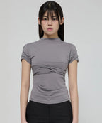 【Flare up】Asymmetrical Draped Mock Neck T-Shirt [Black / Gray]