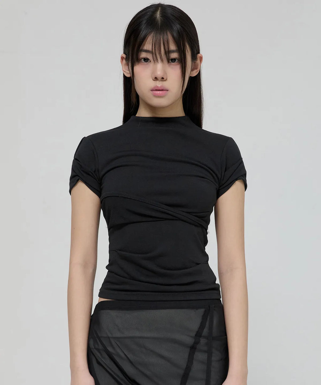 【Flare up】Asymmetrical Draped Mock Neck T-Shirt [Black / Gray]