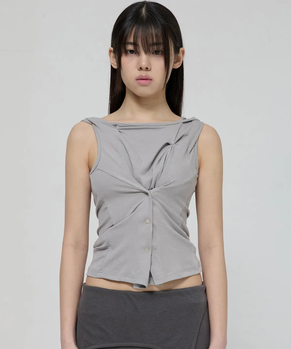 【Flare up】Asymmetric Snap Hoodie [Black / White / Gray]