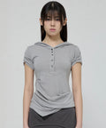 【Flare up】Asymmetrical Draped Hoodie [Black / Gray]
