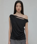 【Flare up】Braided Drape One-Shoulder Top  [Black / White]