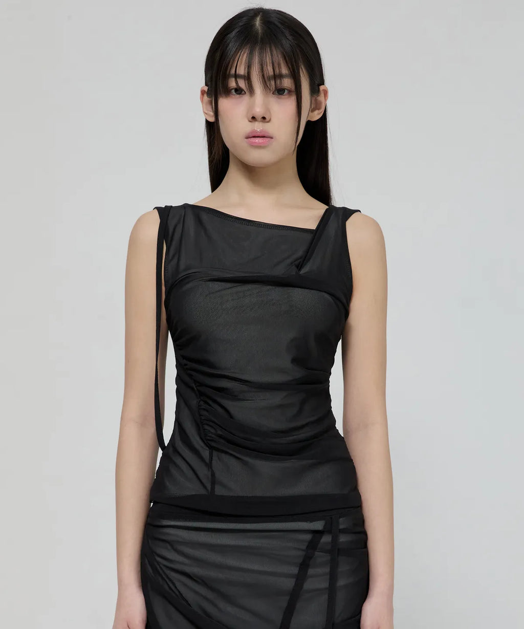 【Flare up】Draped Mesh Layered Sleeveless [Black / Gray]
