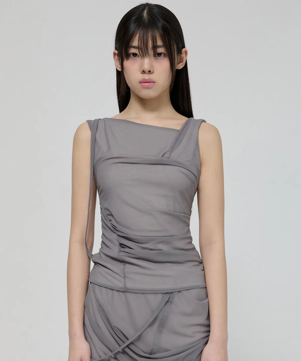 【Flare up】Draped Mesh Layered Sleeveless [Black / Gray]