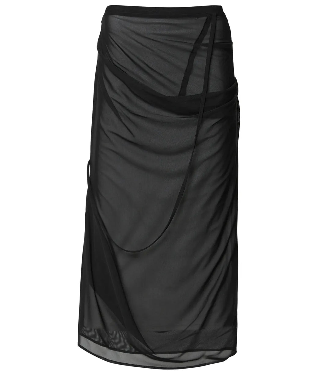 【Flare up】Draped Mesh Layered Long Skirt [Black / Gray]