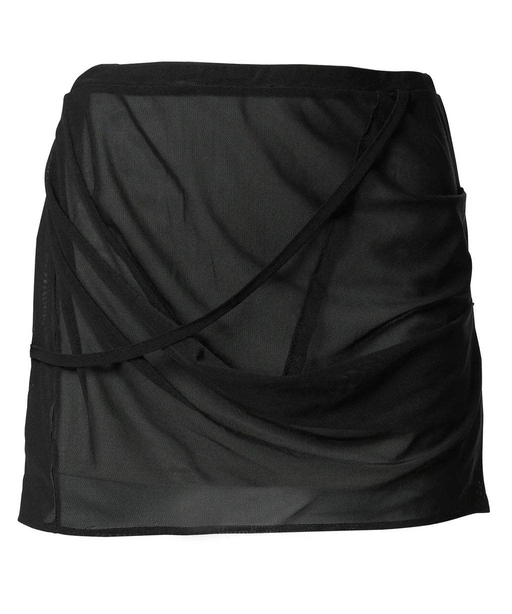 【Flare up】Draped Mesh Layered Mini Skirt [Black / Gray]