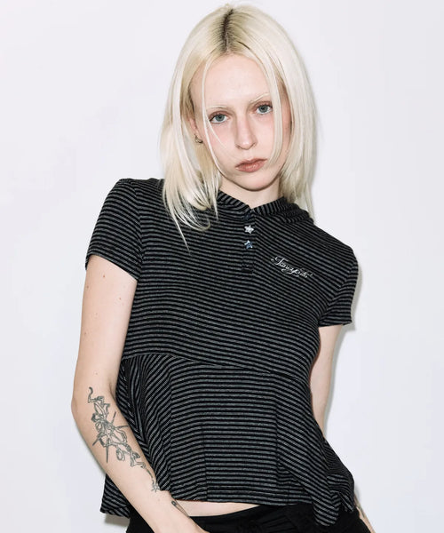 【Fancy Club】STRIPE HOOD FLARE TOP [Black / Gray]