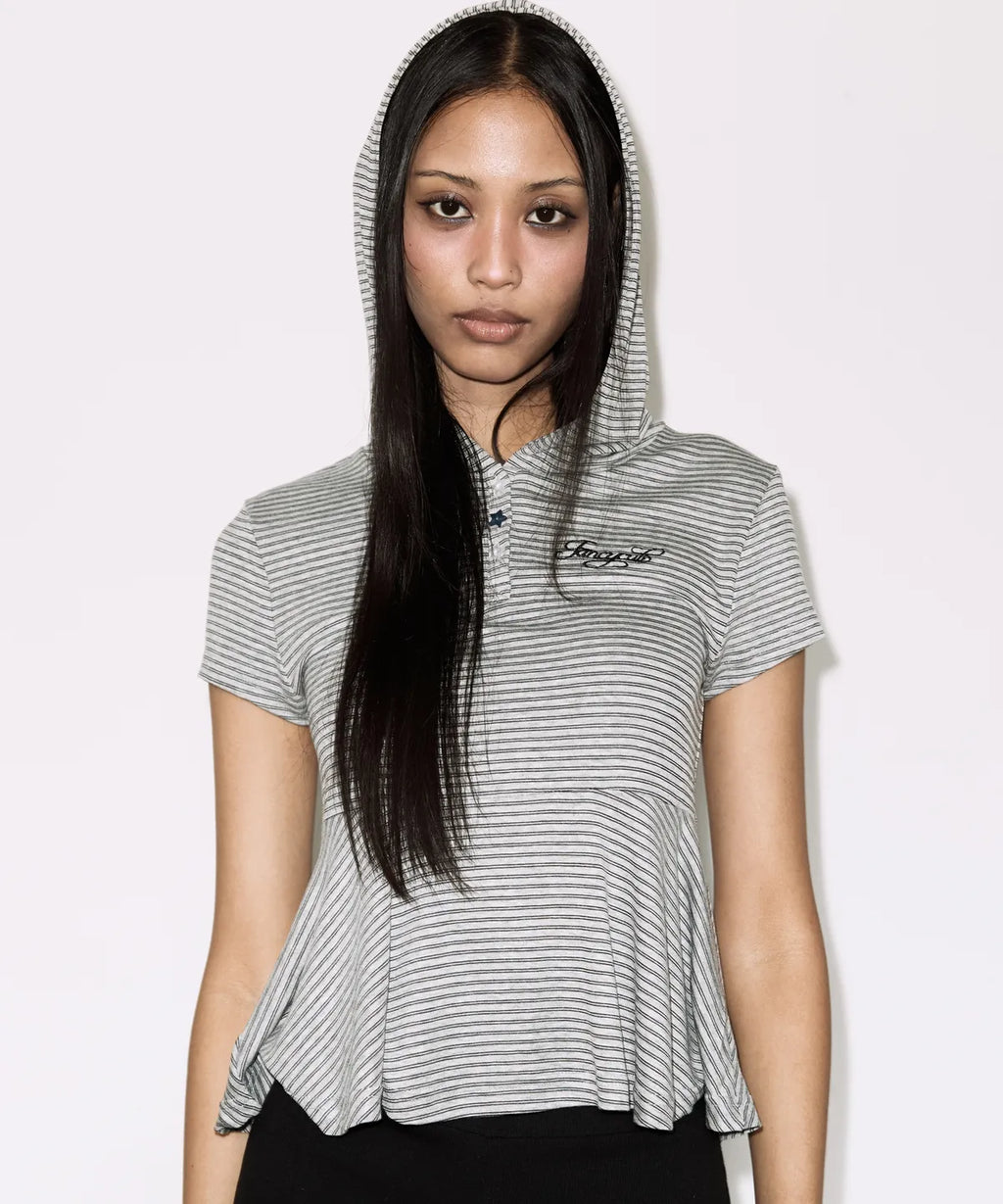 【Fancy Club】STRIPE HOOD FLARE TOP [Black / Gray]