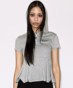 【Fancy Club】STRIPE HOOD FLARE TOP [Black / Gray]