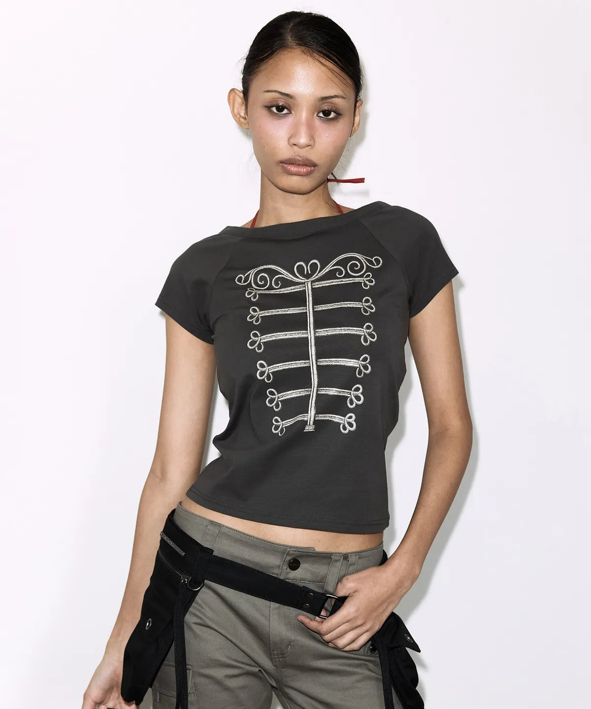 【Fancy Club】IMPERIAL BOATNECK TOP [White melange / Charcoal]
