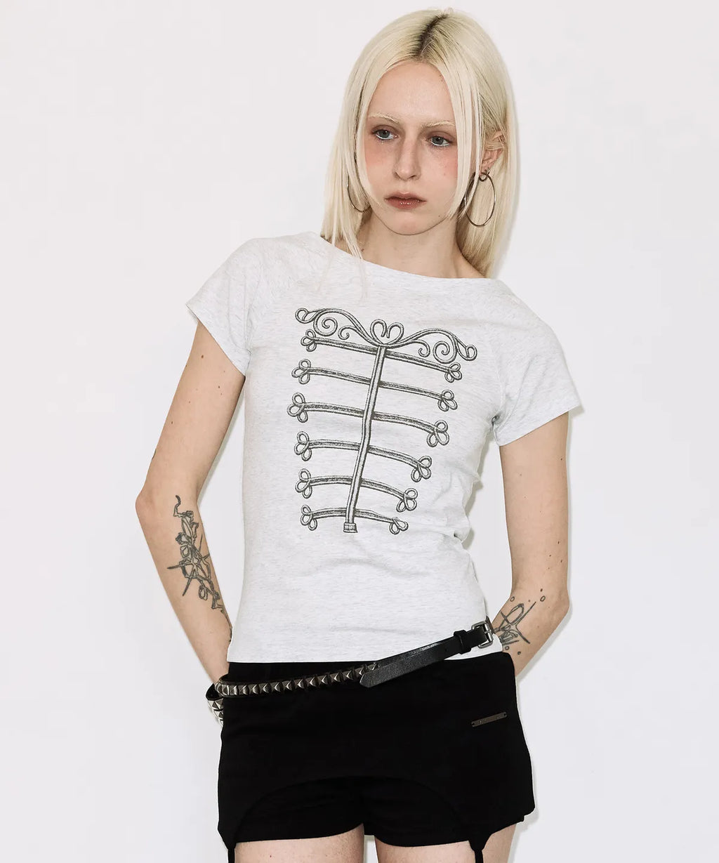 【Fancy Club】IMPERIAL BOATNECK TOP [White melange / Charcoal]