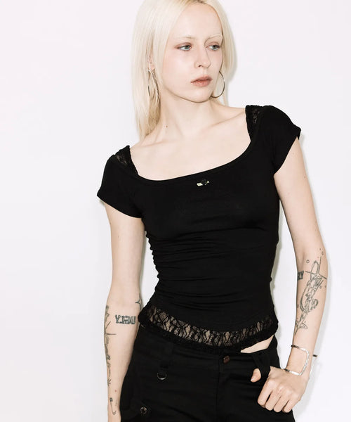 【Fancy Club】LACE SQUARE NECK TOP [Baby blue / Black]