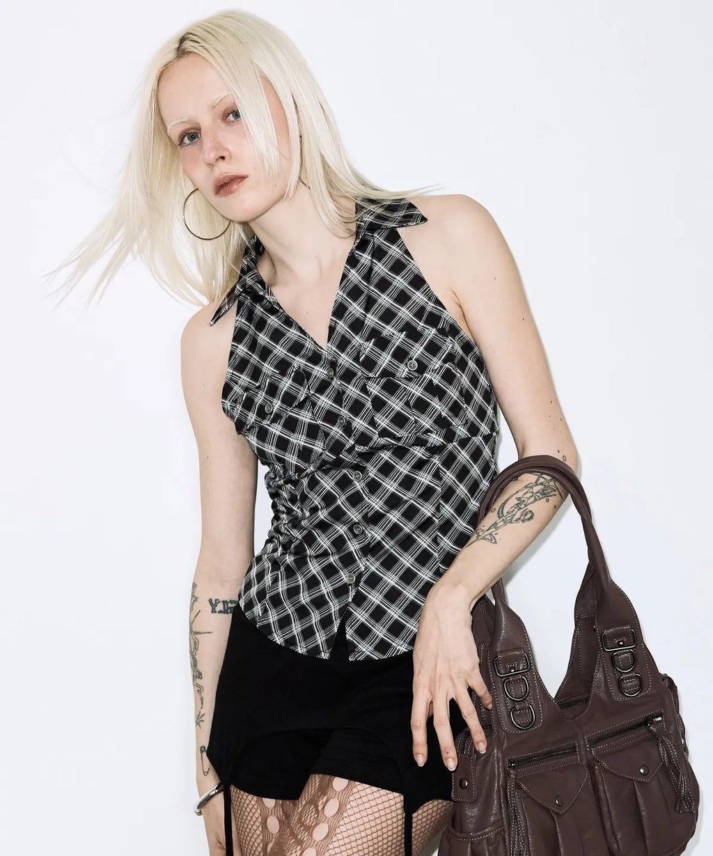 【Fancy Club】POCKET CHECK HALTERNECK TOP [Beige / Black]