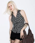 【Fancy Club】POCKET CHECK HALTERNECK TOP [Beige / Black]