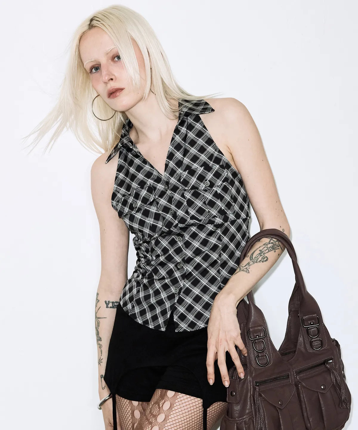 【Fancy Club】POCKET CHECK HALTERNECK TOP [Beige / Black]