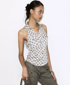 【Fancy Club】POCKET CHECK HALTERNECK TOP [Beige / Black]