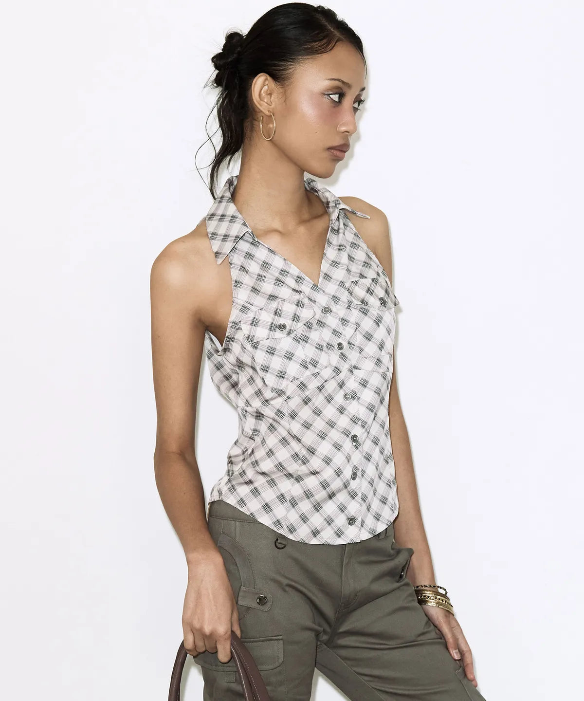 【Fancy Club】POCKET CHECK HALTERNECK TOP [Beige / Black]