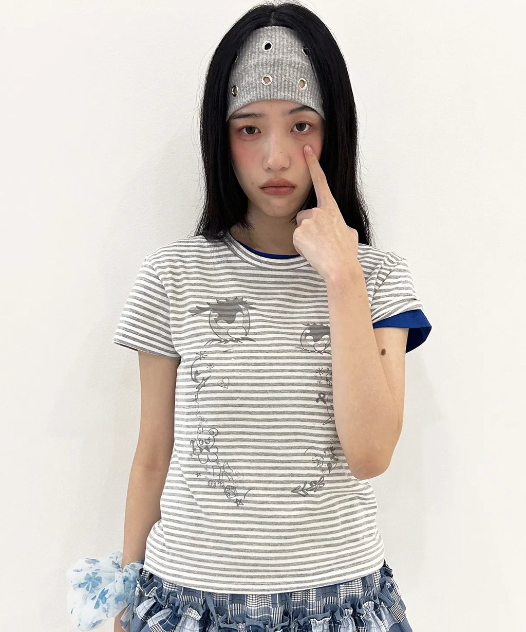【typeservice】Cry Eyes Stripe Short Sleeve Top - grey