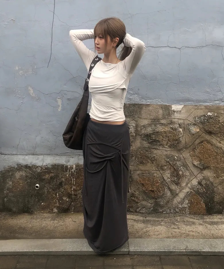 【Flare up】Asymmetrical Draped Long Skirt - 3 colors
