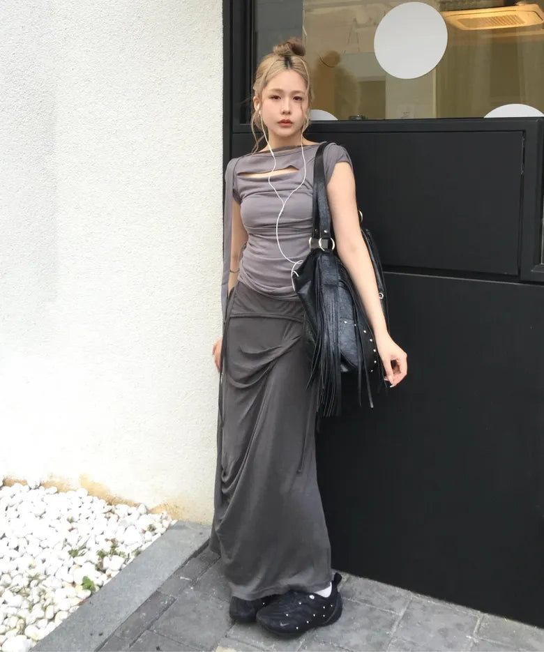 【Flare up】Asymmetrical Draped Long Skirt - 3 colors
