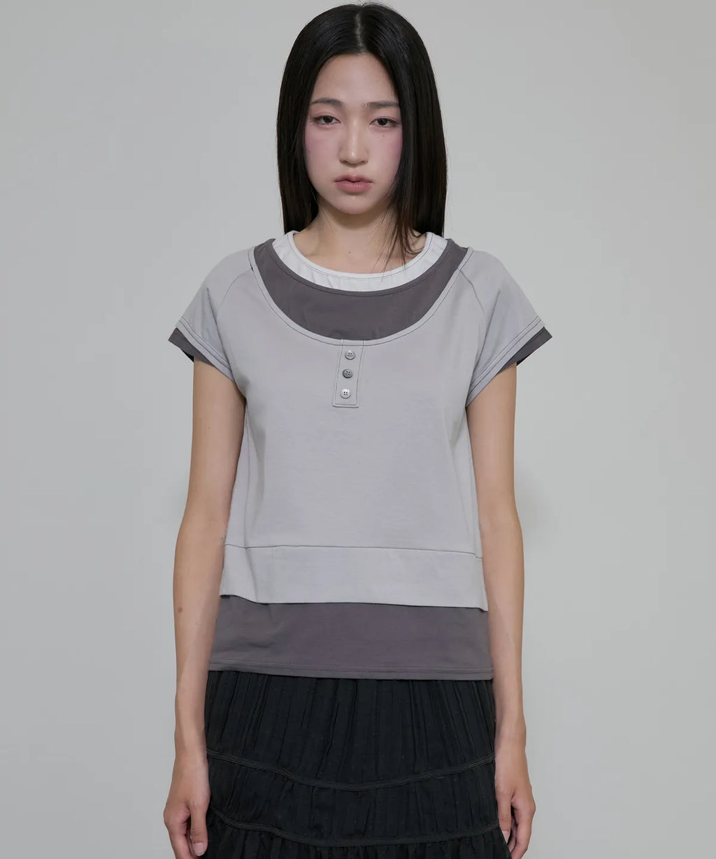 【Flare up】3-Layered Henley T-shirt [Black / Gray]