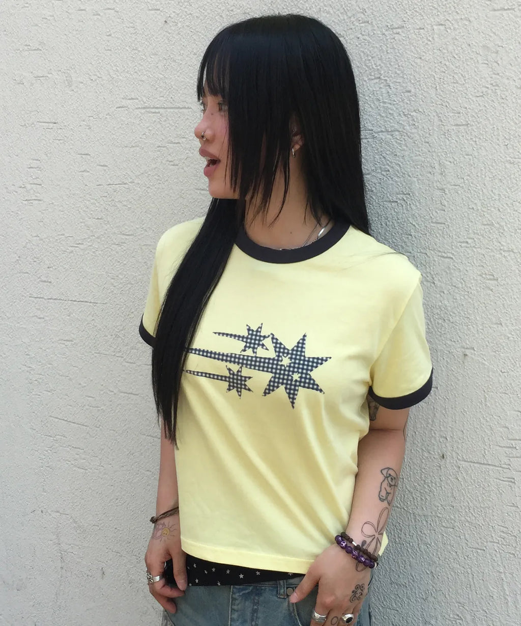 【niceghostclub】  check 3star basic ringer tee [ cream / yellow / charcoal / gray ]