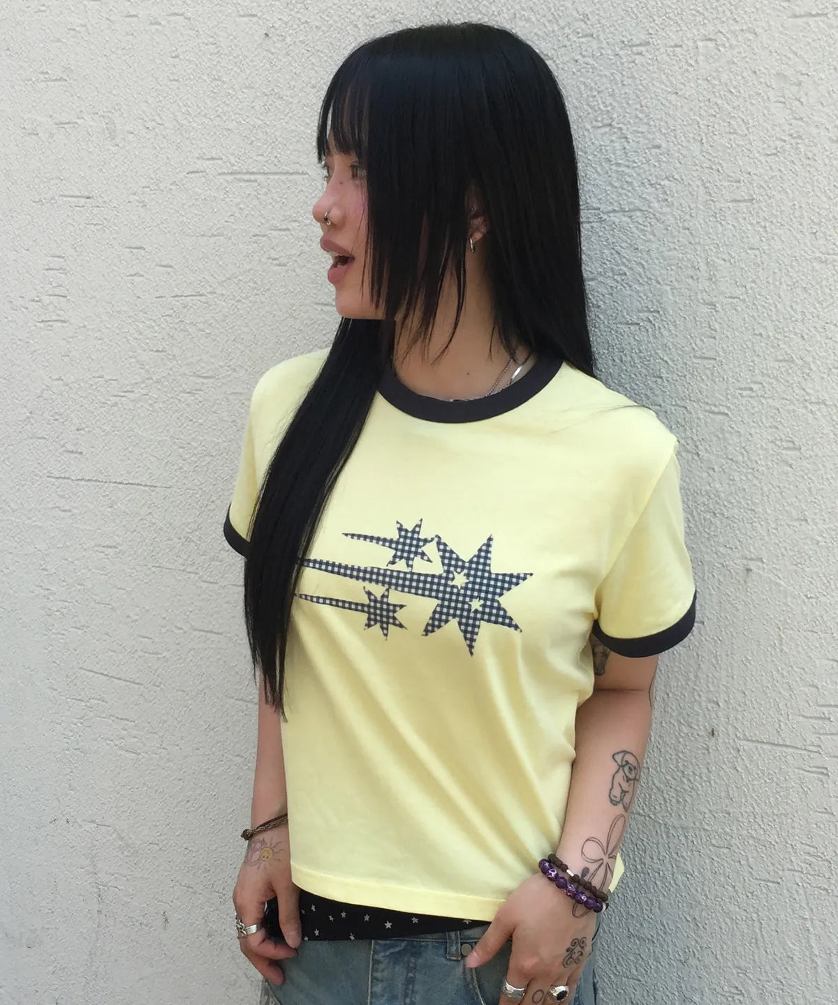 【niceghostclub】  check 3star basic ringer tee [ cream / yellow / charcoal / gray ]
