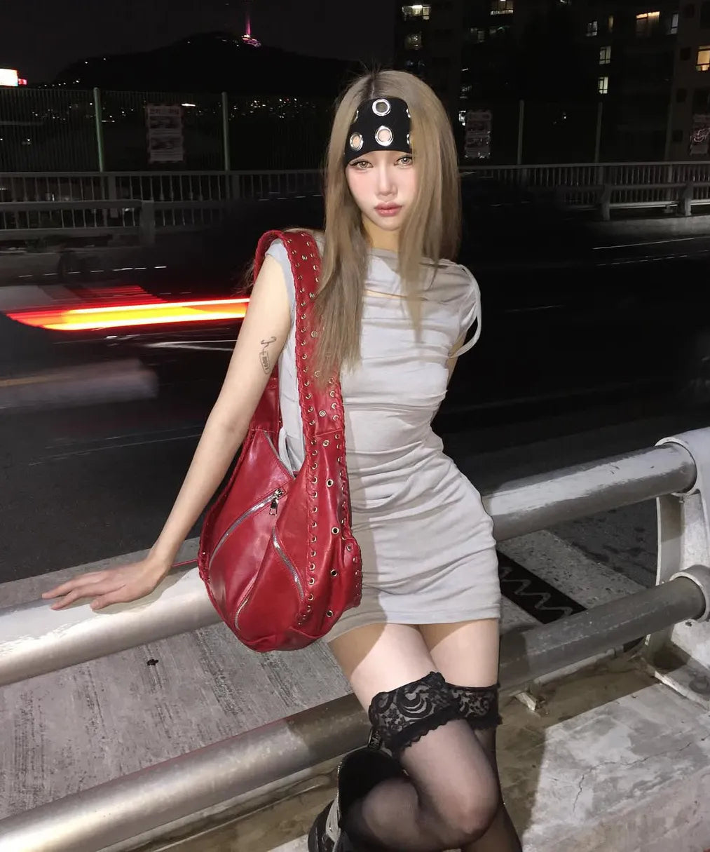 【Flare up】Asymmetrical Draped Strap Roll-Up Dress [Black / White / Gray]