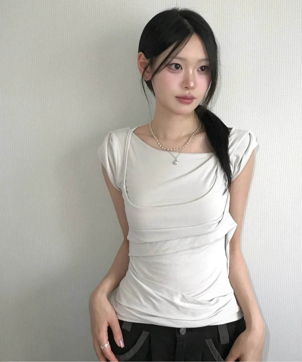 【Flare up】 Layered Bustier T-shirt [4 colors]
