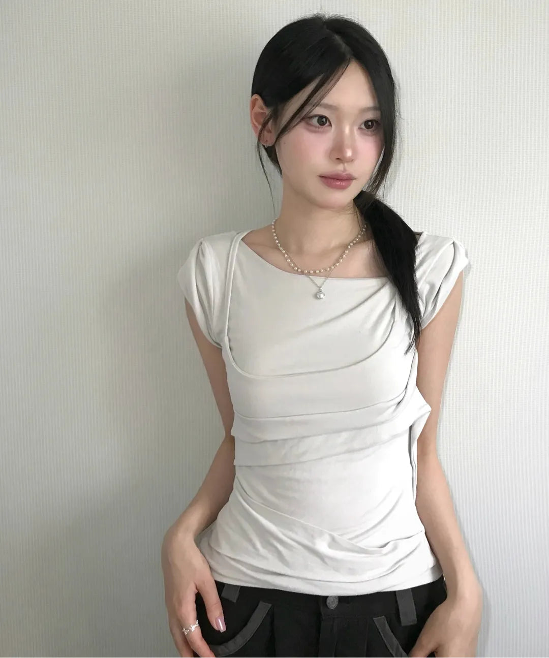 【Flare up】 Layered Bustier T-shirt [4 colors]