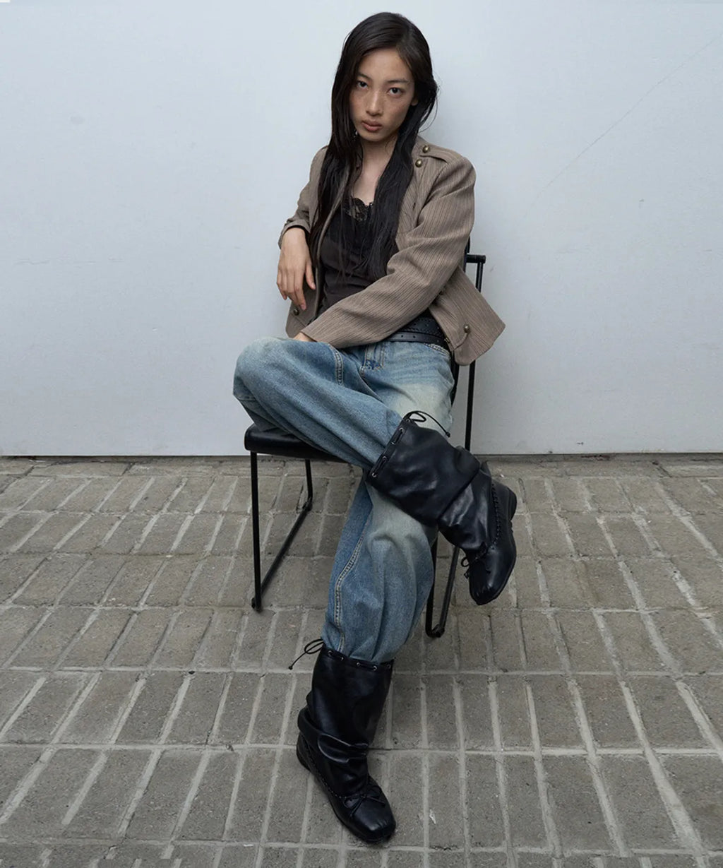 【KHIHO】RIVEL SLOUCHY MID BOOTS [ Black / Brown ]