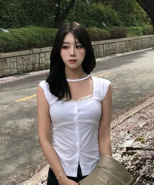 【Flare up】Lace Sleeve Top [Black / White / Gray]