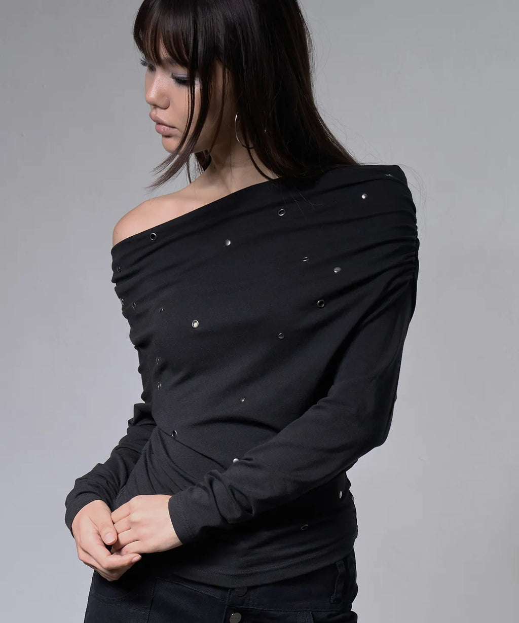 【Fancy Club】EYELET COWL ONE-SHOULDER TOP - 3 colors