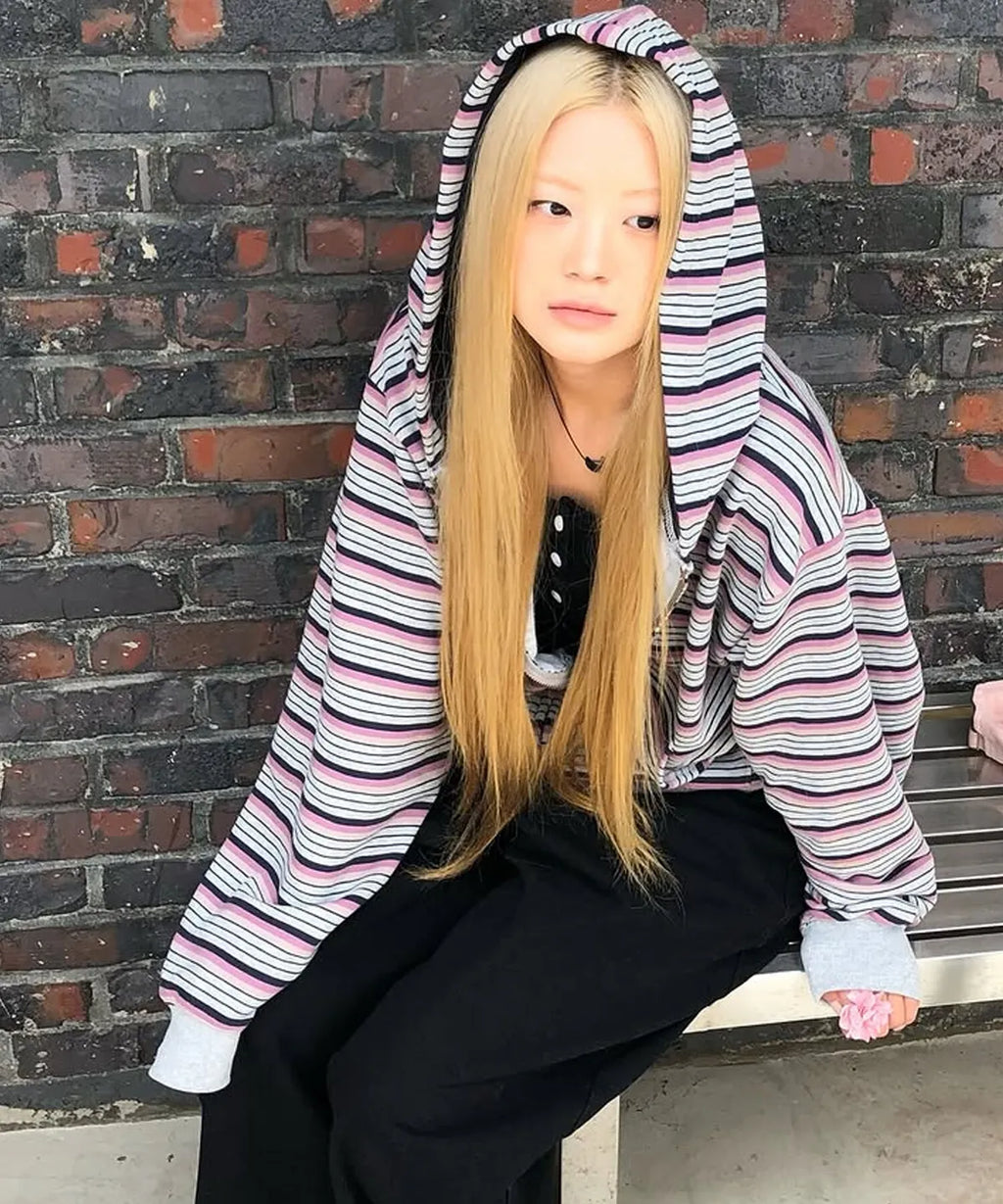 【niceghostclub】stripe 3star hoodie zip up [ pink / green ]